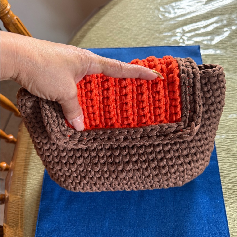 Handmade Crochet Top-Handle Bag in Brown and Orange - Compact Women’s Purse - Picture 4 of 7